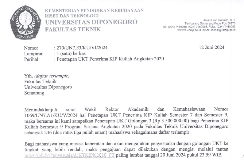 Penetapan UKT bagi Penerima KIP Kuliah Fakultas Teknik Angkatan 2020