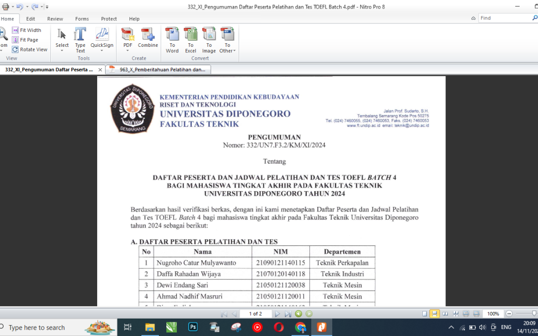 Pengumuman Terkait Pelatihan dan Tes TOEFL bagi Mahasiswa Tingkat Akhir Semester Gasal 2024/2025 Fakultas Teknik Universitas Diponegoro