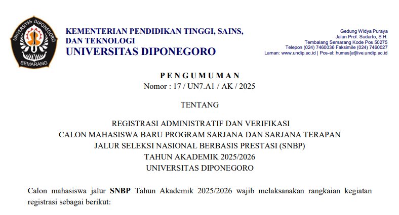 Registrasi Administratif dan Verifikasi Calon Mahasiswa Baru Program Sarjana Jalur SNBP Tahun Akademik 2025/2026