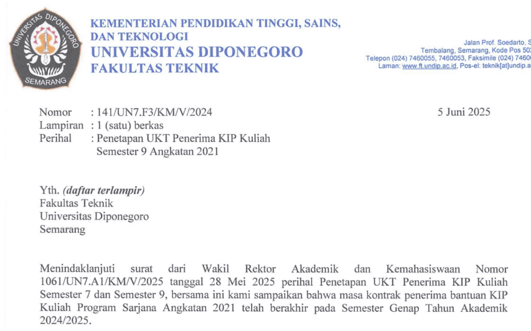 Penetapan UKT bagi Penerima KIP Kuliah Fakultas Teknik Semester 9 Angkatan 2021