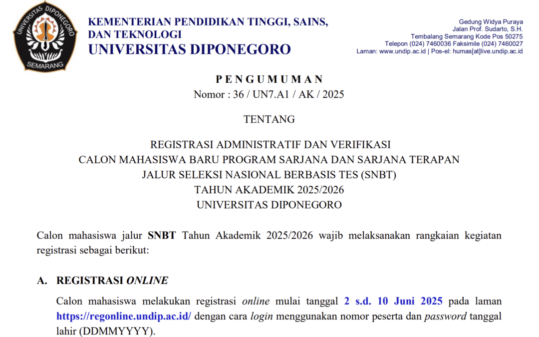 Registrasi Administratif dan Verifikasi Calon Mahasiswa Baru Program Sarjana Jalur SNBT Tahun Akademik 2025/2026