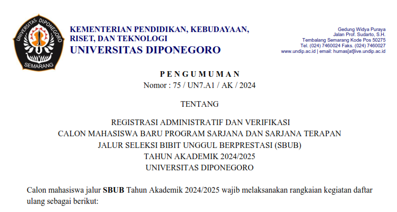 Registrasi Administratif dan Verifikasi Calon Mahasiswa Baru Program Sarjana Jalur SBUB Tahun Akademik 2024/2025